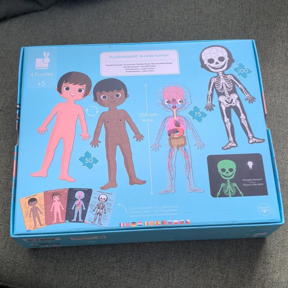Janod 4 in 1 Puzzle Human Body Age 5+ Skeleton Glow In The Dark, Organs - Picture 9 of 15